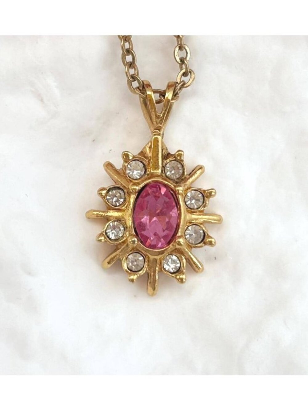 Starburst Pink Rhinestone Sunray Vintage Gold Toned Pendant Necklace - 18"
